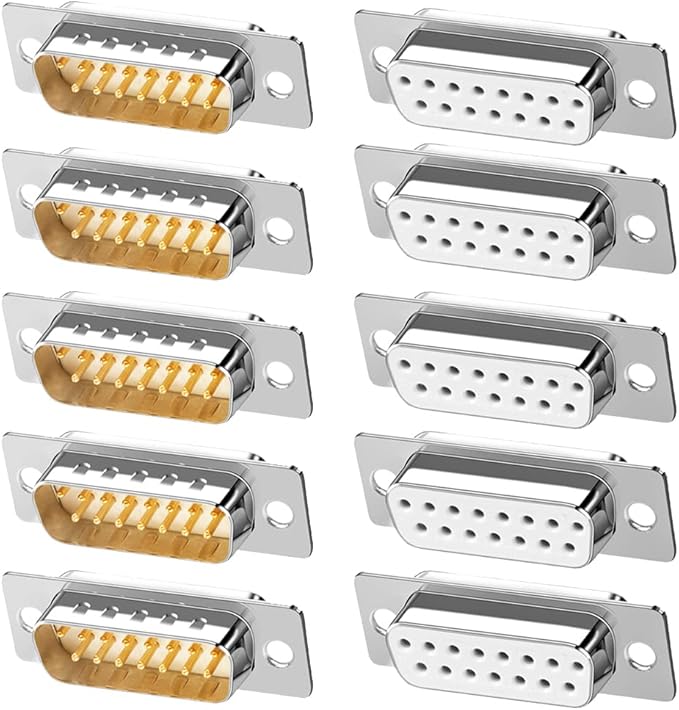 10PCS DB15 RS232 Serial D-SUB Solder Cup Connectors, Gold Plated Joints RS232 Serial Port 15Pin D Sub Couplers(Male x 5, Female x 5)