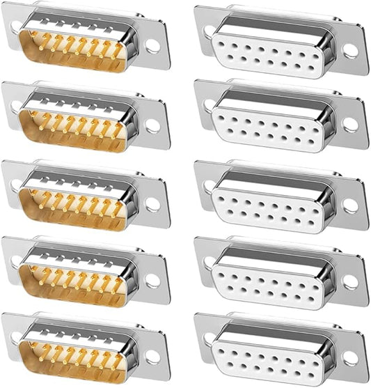 10PCS DB15 RS232 Serial D-SUB Solder Cup Connectors, Gold Plated Joints RS232 Serial Port 15Pin D Sub Couplers(Male x 5, Female x 5)