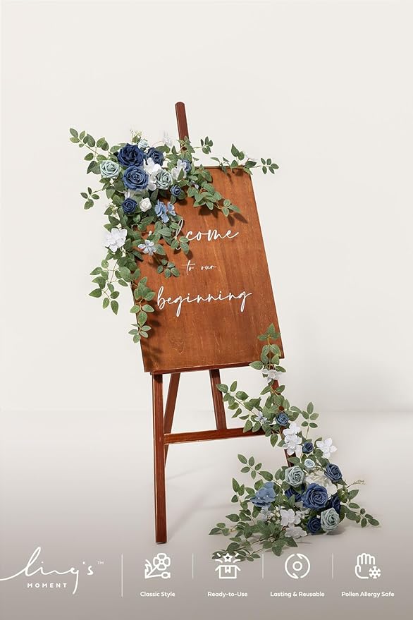 Ling's moment 2pcs Wedding Flowers Garland Artificial Floral Swag Arch Decorations Rose Greenery Arrangements Dusty Blue & Navy Ceremony Reception Garden Easel Wall Entryway Outdoor (NOT Include Sign