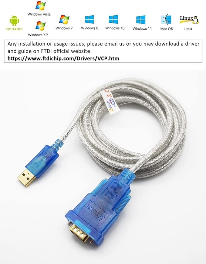 DTECH USB to Serial Adapter Cable 16 ft DB9 Male RS232 to USB Cord with FTDI Chip Supports Windows 11 10 8 7 Mac Linux (5m)