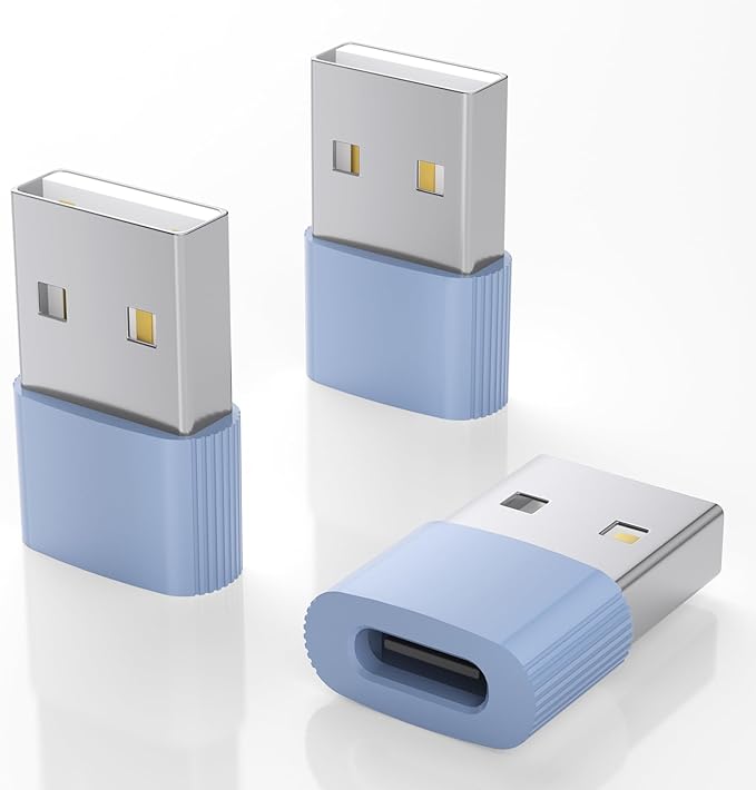 USB to USB C Adapter 3 Pack, Type C Female to A Male Car Charger OTG Converter for Apple Watch Ultra 8 9 10,iPhone 15/16/17 Pro Max,Galaxy S25/S24, MacBook, iPad, AirPods,Pixel,PS4(Blue)