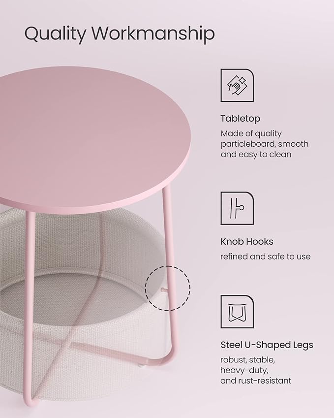 VASAGLE LILEA Collection - Small Round Side End Table, Modern Nightstand with Fabric Basket, Jelly Pink and Cream White ULET223R61