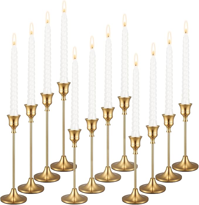 Set of 12 Brass Gold Candle Holder Candlestick Holders Taper Candle Holders Metal Candle Stick Wedding Centerpieces for Tables Candlelight Dinner Home Decor(Candles not Include)