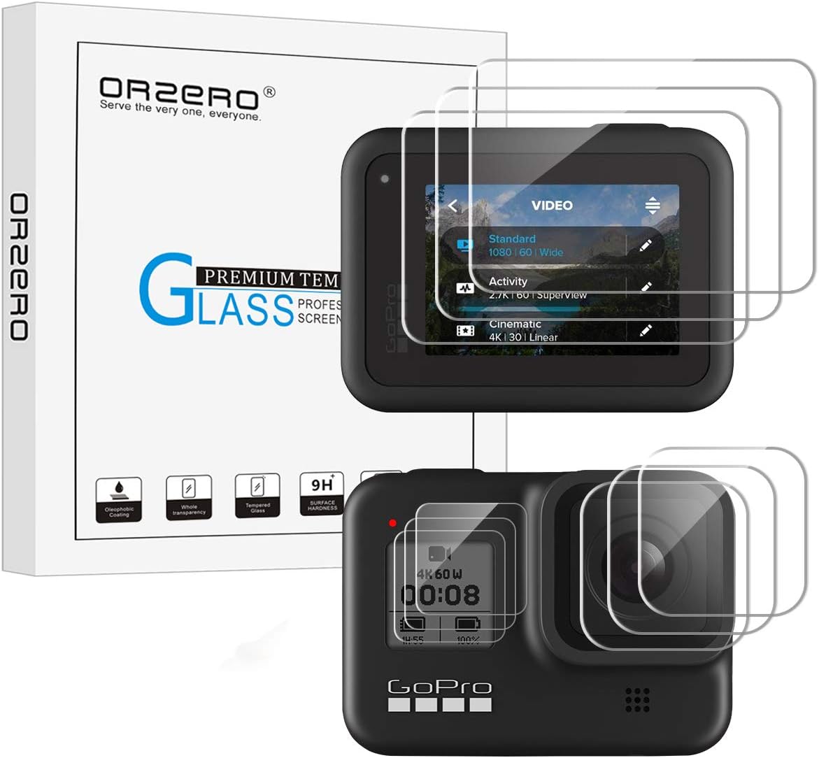 Orzero Tempered Glass Protector for GoPro Hero 8, 3Pcs Screen + 3Pcs Display Lens + 3Pcs Front Protectors