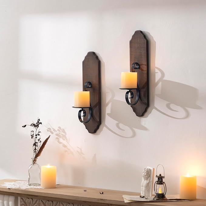 ZOOYOO Black Metal and Wooden Wall Sconce Candle Holders, Elegant Swirling Iron Wall Candle Sconce Holders, Black Hanging Wall Sconce Candle Holders, Set of 2