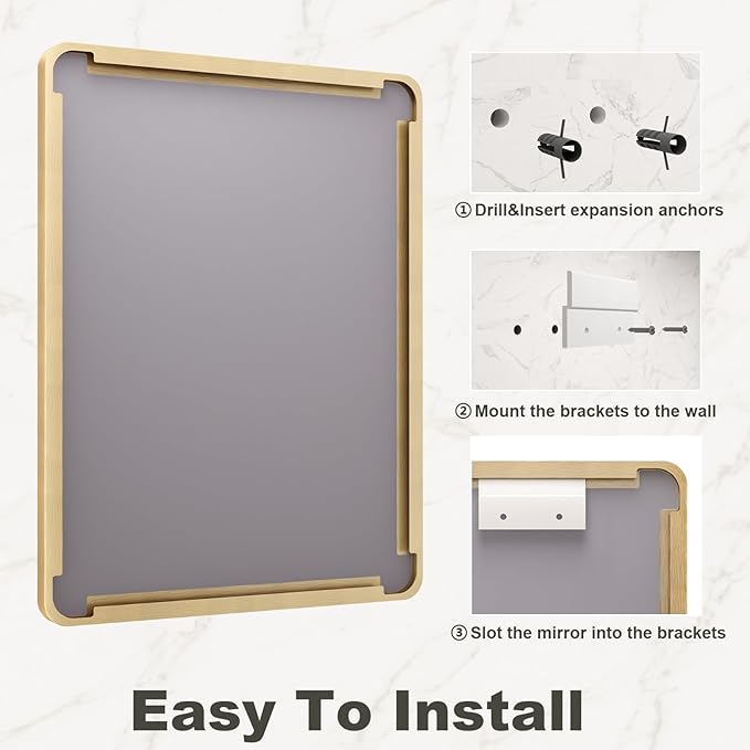 55x36 Inch Gold Framed Bathroom Mirror, Rectangle Brushed Gold Metal Vanity Mirror, Large Modern Mirror for Wall, Rounded Corner, Tempered Glass, Anti-Rust, Shatterproof (Horizontal/Vertical)