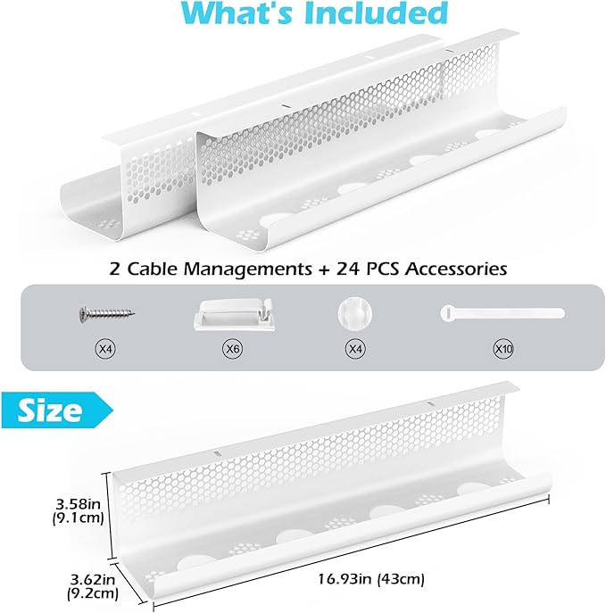 KHAMAL Cable Management Under Desk 26PCS - Cable Management Tray Kit Ventilated Hexagonal Design with Cable Clips, Wire Ties, Cord Holder & Screws for Office, Home - 2 White Sets