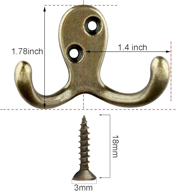 IBosins 16 Pack Heavy Duty Double Prong Coat Hooks Wall Mounted Antique Brass Wall Hook Rustic Utility Hooks for Coat, Scarf, Bag, Towel, Key, Cap, Cup, Hat