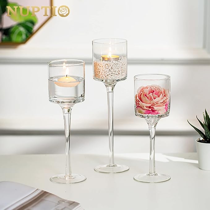 NUPTIO Stemmed Candle Holders Bulk: Set of 18 Tea Light Holders for Floating Pillar Candles - Clear Monet Candle Stands for Wedding Table Centerpiece Decor