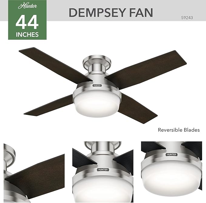 Hunter 44 inch Indoor Ceiling Fan with LED Light and Remote Control - Modern Ceiling Fan, Low Profile Mount, 4 Black Oak Blades, For Bedroom, Living Room, or Kitchen - Dempsey 59243, Brushed Nickel