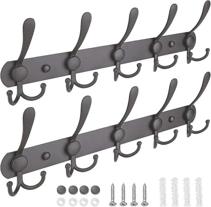TICONN Wall Mounted Coat Rack, Five Heavy Duty Tri Hooks All Metal Construction for Jacket Coat Hat in Mudroom Entryway (Space Gray, 2-Pack)