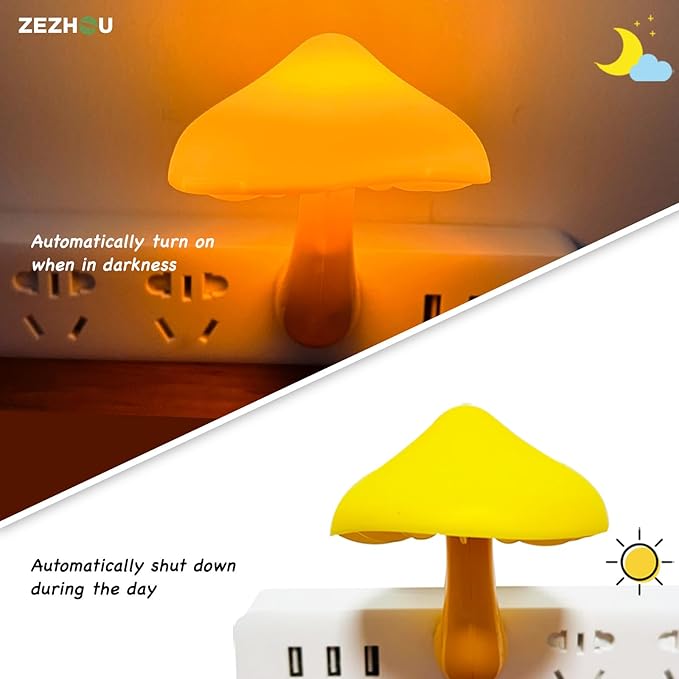 Night Lights Plug into Wall - 2-Pack Sensor LED Mushroom Light, Cute Energy Saving Mushroom Lamp for Kids Adults Living Room Bedroom Kitchen, Bathroom Toilet, Stairs, Hallway Corridor, Warm Yellow