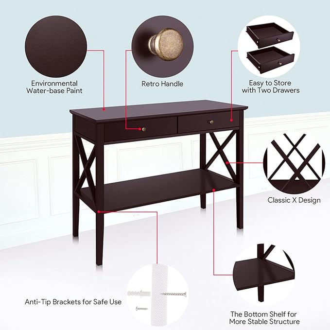 ChooChoo Console Table with Drawers, Narrow Wood Accent Sofa Table Entryway Table with Storage Shelf for Entryway, Front Hall, Hallway, Living Room, Espresso