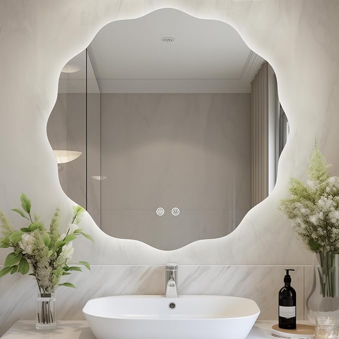 WallBeyond LED Bathroom Mirror with Lights, 28'' Wavy Round Light Up Bathroom Mirror, Anti Fog Led Mirror for Bathroom, 3 Colors and Dimmable Light