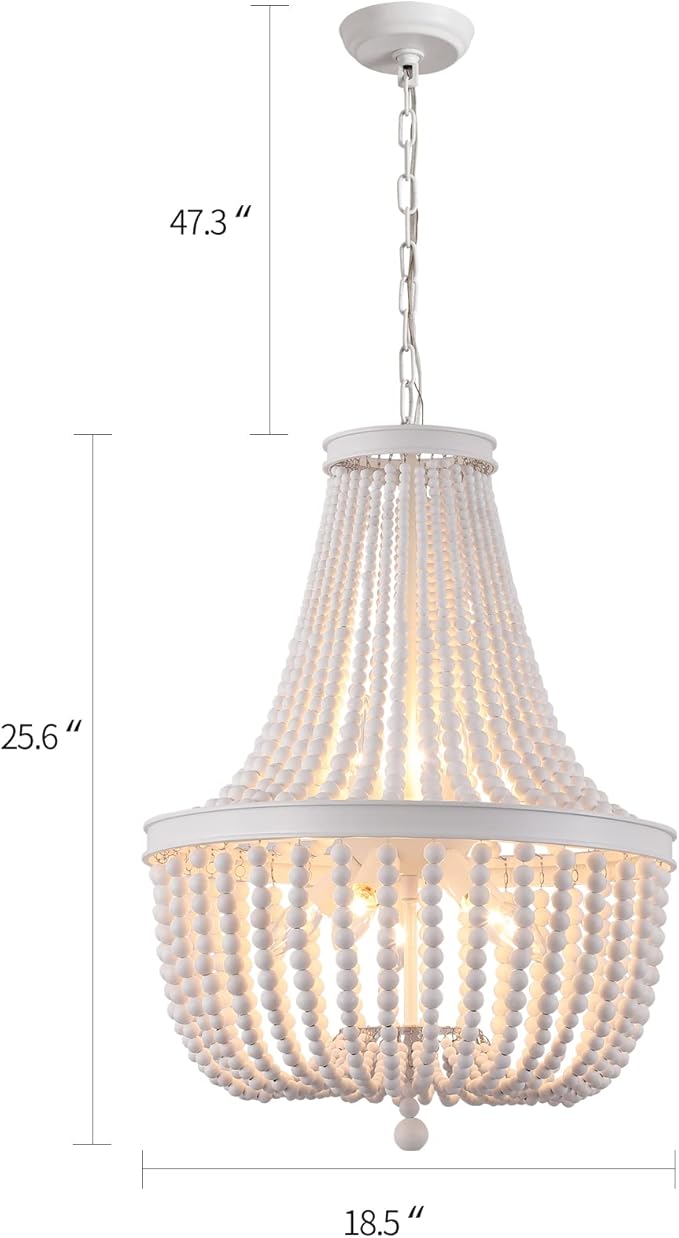 Q&S Beaded Chandelier Farmhouse White Wood Beaded Boho Light Fixture Vintage Antique 8 Lights for Dining Room Nursery Kitchen Foyer Bedroom Living Room UL Listed