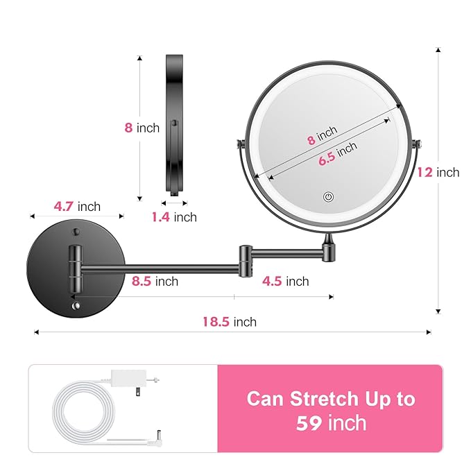 FASCINATE Rechargeable Wall Mounted Makeup Mirror with Lights and Magnification, 8 Inch Double Sided 1X 10X Magnifying Bathroom Mirror with 3 Color Lights & 360° Rotation Vanity Mirror - Black