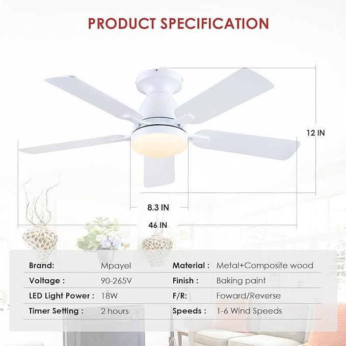 Ceiling Fans-46Inch Low Profile Indoor Ceiling Fan with Light and Remote/APP Control, Dimmable tri-Color temperatures LED,Quiet Reversible Motor,5 Blades Modern Ceiling Fans for Indoor