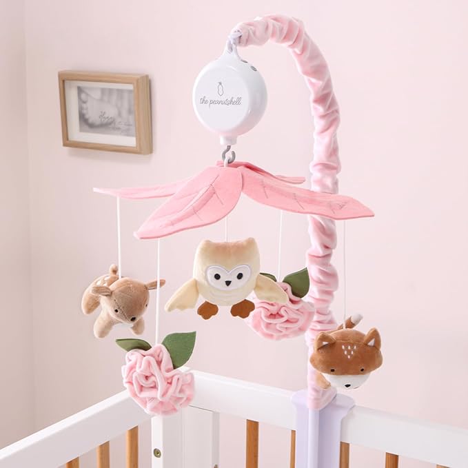 The Peanutshell Crib Mobile for Girls - Pink and White Musical Baby Crib Mobile with 12 Lullabies, Forest Baby Little Forest Nursery Decor