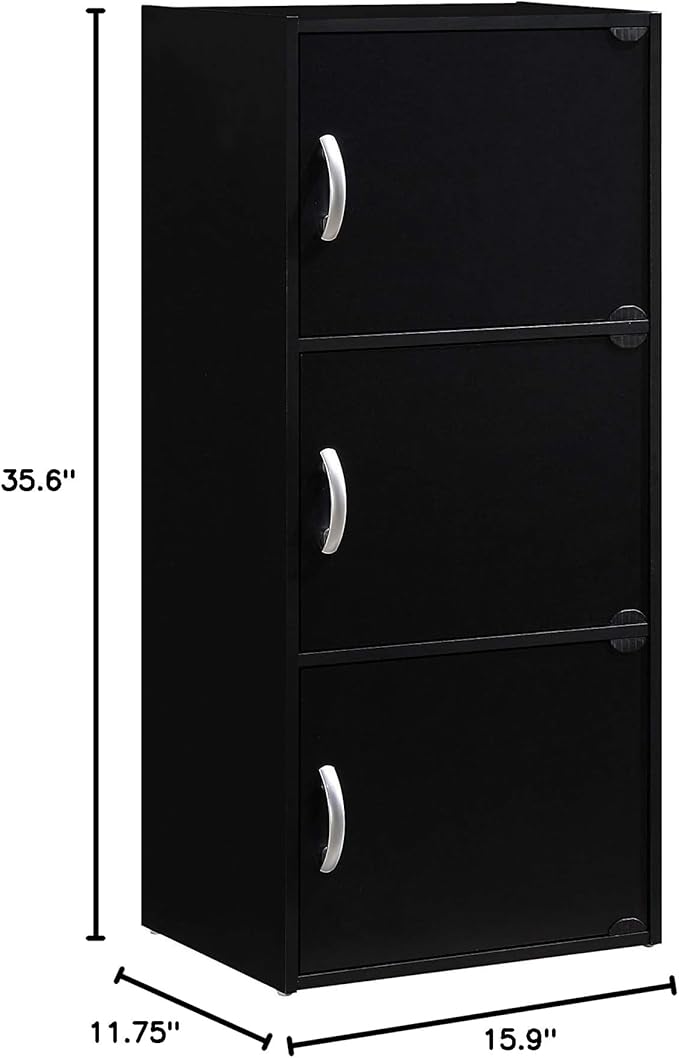 HODEDAH IMPORT 3-Shelf Bookcase Cabinet, Black