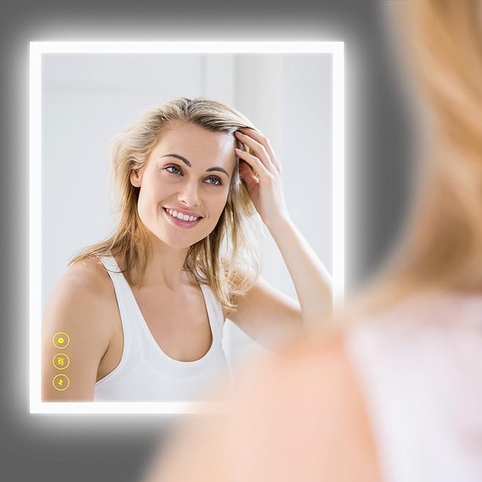 Wall-Mounted LED Square Bathroom Mirror, Makeup Mirror (36 inches x 30 inches,) 3 Color Stepless Dimmable Memory Bathroom Vanity Mirror with Lights CRI90+ 3000~6400K Smart Mirror with Touch