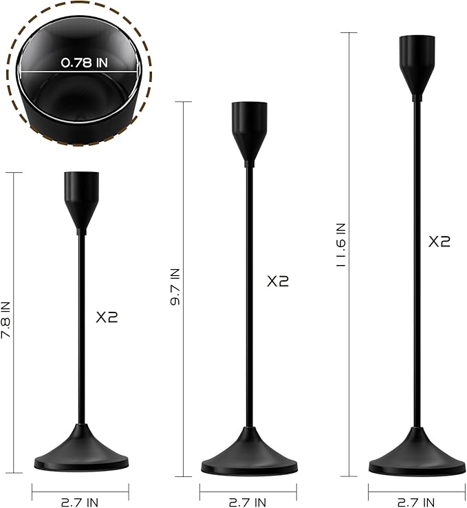 Brass Black Metal Taper Candle Holder, Vintage Candlestick Holders, Candle Sticks Holder Decor for Wedding Wedding, Dinning, Party, Fits 3/4 inch Thick Candle&Led Candles (Set of 6 Pcs)