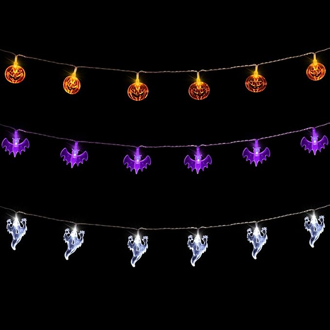 AOSTAR Set of 3 Halloween Lights (20 LEDs Orange Pumpkins, Purple Bats, White Ghosts), Battery Operated String Lights for Halloween Decorations Outdoor & Indoor