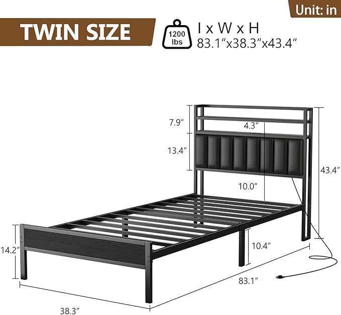 Twin Size Bed Frame with Charging Station and LED Lights, Metal Bed Frame with Headboard, Black Upholstered Headboard with 2-Tier Storage Shelves, Noise Free, No Box Spring Needed, Black