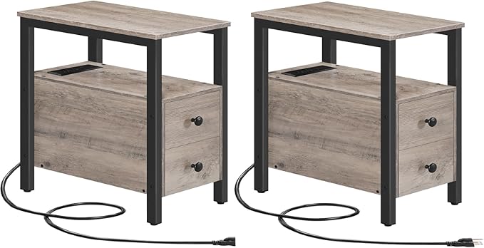HOOBRO Set of 2 End Tables with Charging Station, Narrow Side Table with Drawers & USB Port & Power Outlets, Nightstand for Small Spaces, Living Room, Stable, Greige and Black BG541BZP201