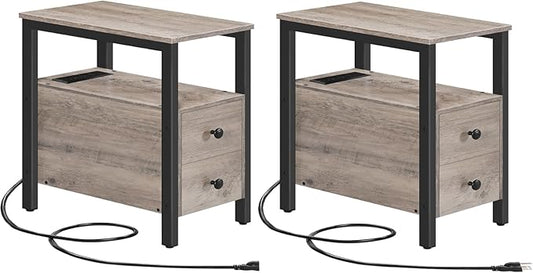 HOOBRO Set of 2 End Tables with Charging Station, Narrow Side Table with Drawers & USB Port & Power Outlets, Nightstand for Small Spaces, Living Room, Stable, Greige and Black BG541BZP201