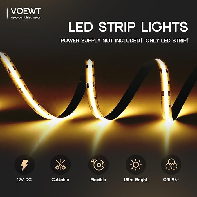 COB LED Strip Lights Daylight White 6000K,16.4ft 12V High CRI 95Ra+ Super Bright,Flexible Tape Lights for Bedroom,Mirror,Kitchen Cabinet, Living Room(Power Supply Not Included)