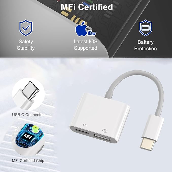 Apple MFi Certified USB C to USB Adapter with 100W PD Charge Port, USB C Male to USB 3.0 Female OTG Cable Converter Compatible with MacBook Pro Air, Tablets, iPhone 17/16/15 Series (White-2)