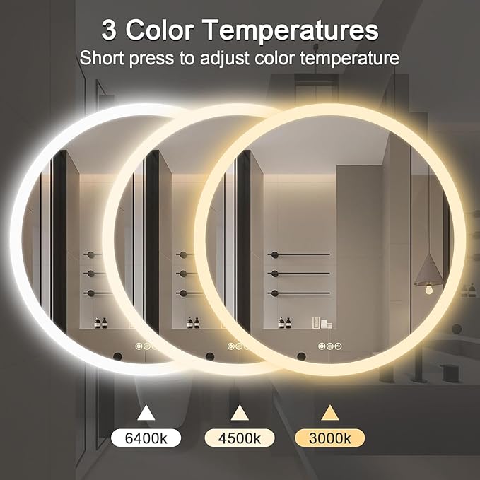 Wall-Mounted LED Round Bathroom Mirror, Makeup Mirror (32 inches x 32 inches,) 3 Color Stepless Dimmable Memory Bathroom Vanity Mirror with Lights CRI90+ 3000-6400K Smart Mirror with Touch