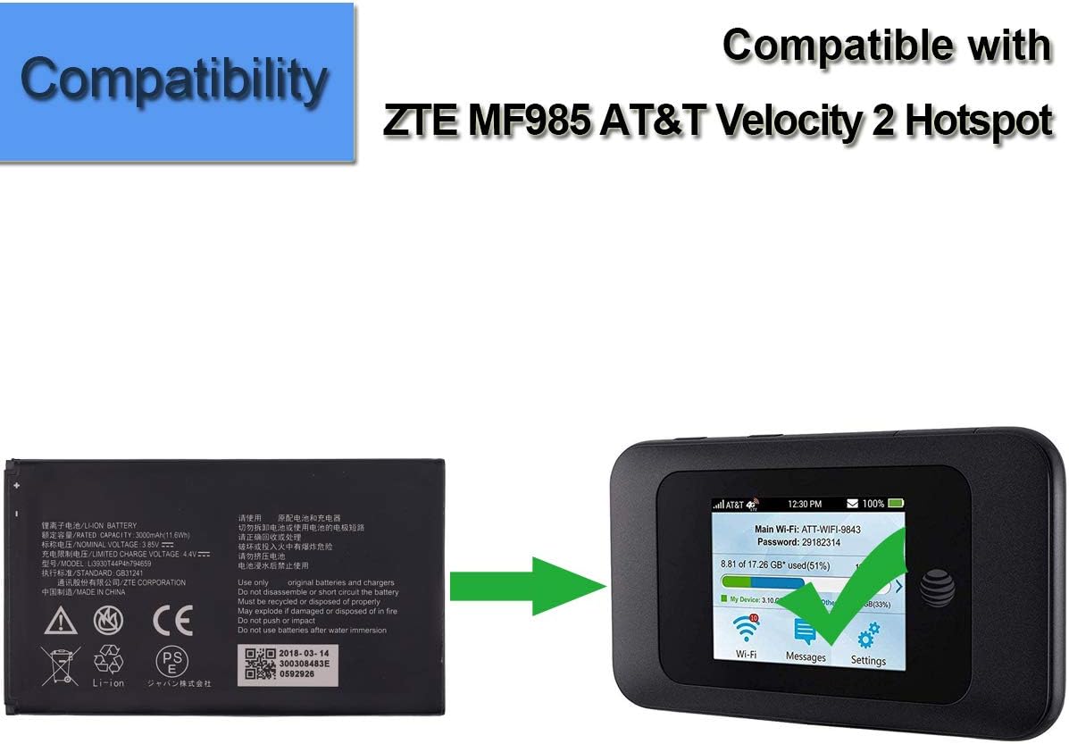 New Replacement Battery Li3930T44P4h794659 for ZTE MF985 AT&T Velocity 2 Hotspot