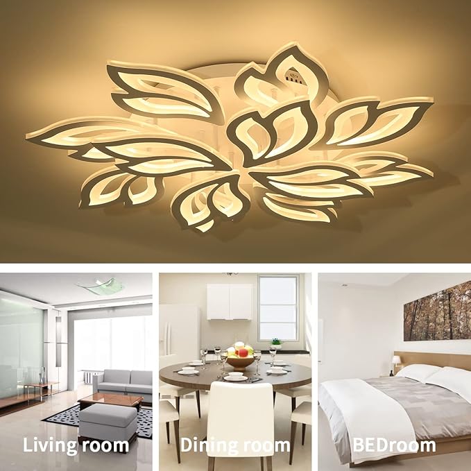 Garwarm Modern Ceiling Light,32” Dimmable LED Chandelier Flush Mount Ceiling Lights,Remote Control Acrylic Leaf Ceiling Lamp Fixture for Living Room Dining Room Bedroom Kitchen(90W /White)