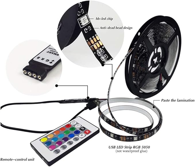RGB Led Strip 16.4ft,5V USB Colorful 30LED S/M SMD 5050 Flexible Lights for TV Backlight Room Decor，with 24 Keys Remote Controller
