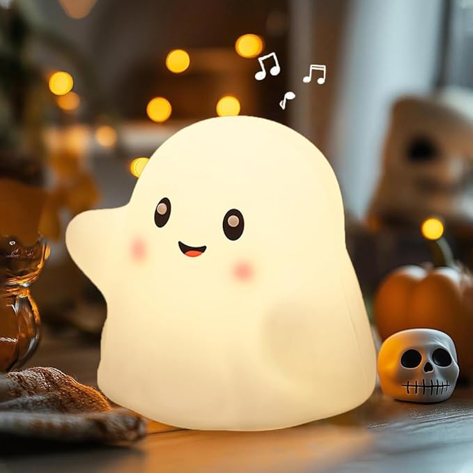 Ghost Night Light for Kids, Silicone Nursery Nightlight with 13 Interactive Sound Effects ,Halloween Decor Lamp Adjustable Dimmable Lamp with Touch Sensor Children's Christmas Gifts (white ghost)