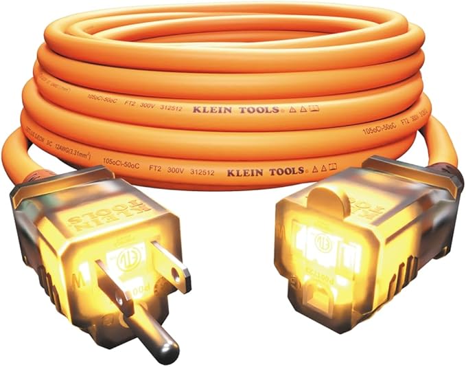 Klein Tools EXC2515 12/3 SJEOW 25-Foot Extension Cord, LED Ends, Daytime Visibility, Flexible in Cold Weather, 99.9% Copper Wire, 15A, Indoor/Outdoor
