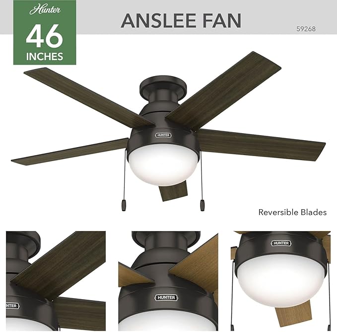 Hunter 59268 Anslee Indoor Low Profile Ceiling Fan with LED Light and Pull Chain Control, 46", Brown