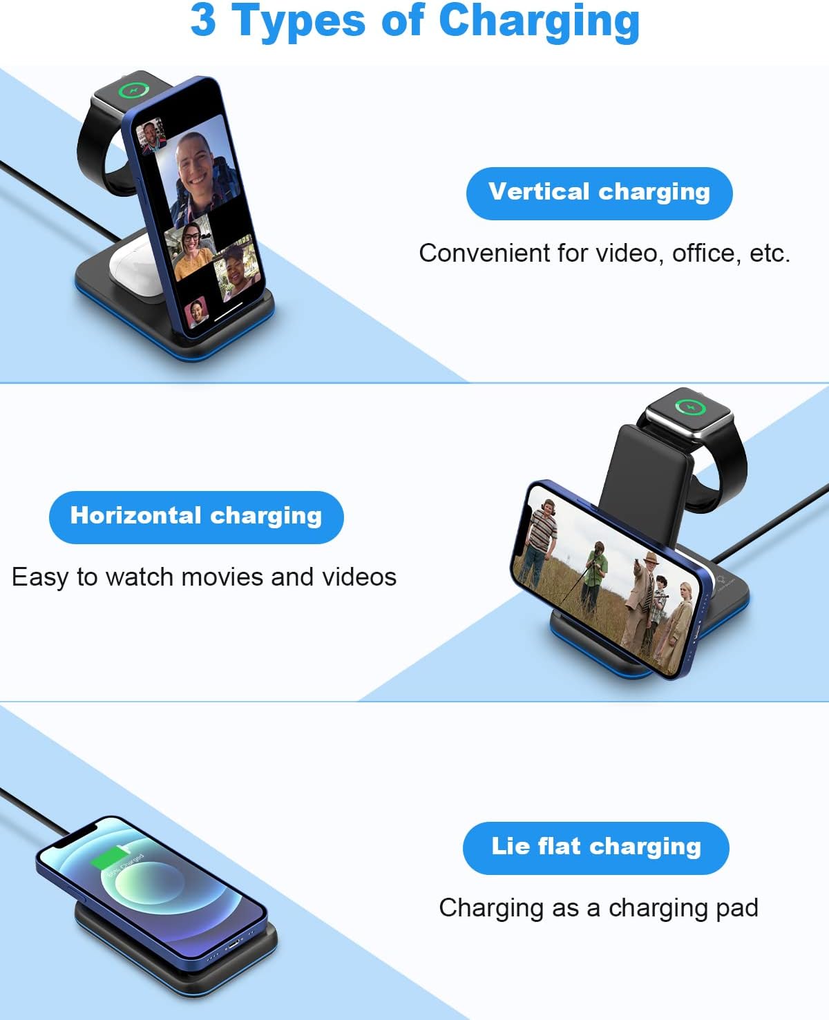 Foldable Wireless Charger 3 in 1 Charging Station for Multiple Devices, Compatible with iPhone 16 15 14 13 12 11
