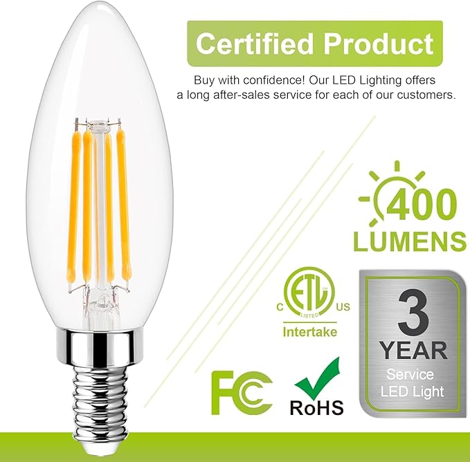 GOLSPARK E12 LED Bulb Dimmable, Candelabra LED Bulb 40W Equivalent, 3000K Warm White, B11 B10 Type B LED Light Bulbs 4W, 400LM, CRI 85+, Clear Filament Candle Light Bulbs Small Base, 6 Pack