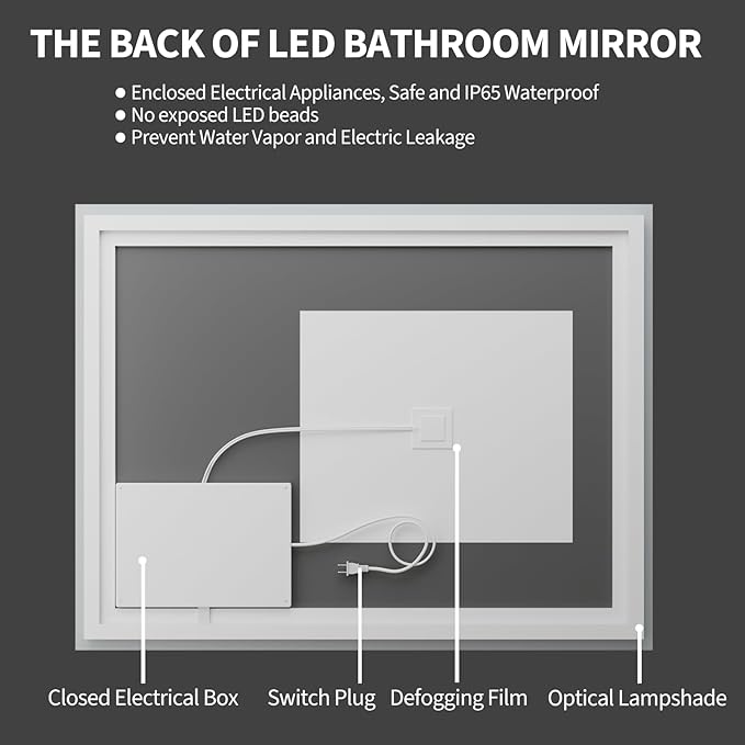 Koonmi 36x36 LED Bathroom Mirror, Backlit + Front Lit, LED Bathroom Mirror with Lights for Wall, 3 Colors, Anti-Fog, Dimmable Brightness, Memory Function, Tempered Glass