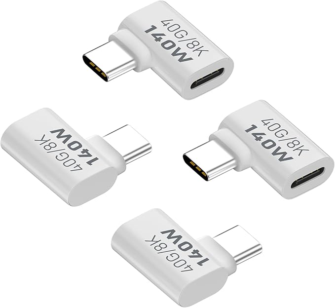 Danfetsoy 140W Right Angle USB C Male to Female Adapter, 40Gbps 90 Degree Type C Extender Connector Suitable 8K@60Hz for Thunderbolt 4/3 Laptop, Phones, etc(4 Pack)