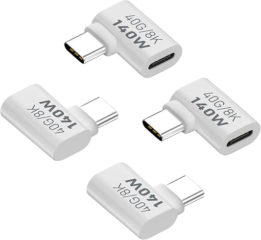 Danfetsoy 140W Right Angle USB C Male to Female Adapter, 40Gbps 90 Degree Type C Extender Connector Suitable 8K@60Hz for Thunderbolt 4/3 Laptop, Phones, etc(4 Pack)