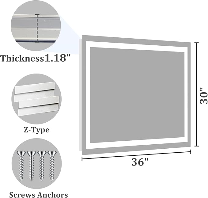Koonmi 30x36 LED Bathroom Mirror, Backlit + Front Lit, LED Bathroom Mirror with Lights for Wall, 3 Colors, Anti-Fog, Dimmable Brightness, Memory Function, Tempered Glass