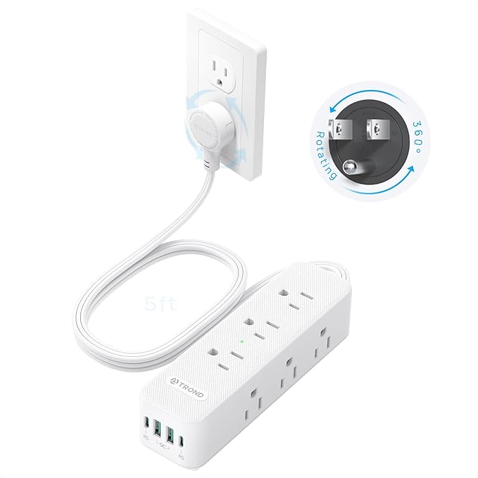 TROND 360° Rotating Flat Plug Power Strip with USB PD 20W, 5FT Flat Extension Cord Surge Protector 1300J with 9 Outlets 4 USB Ports, Wall Mountable, for Home Office Travel Dorm Room Essentials, White
