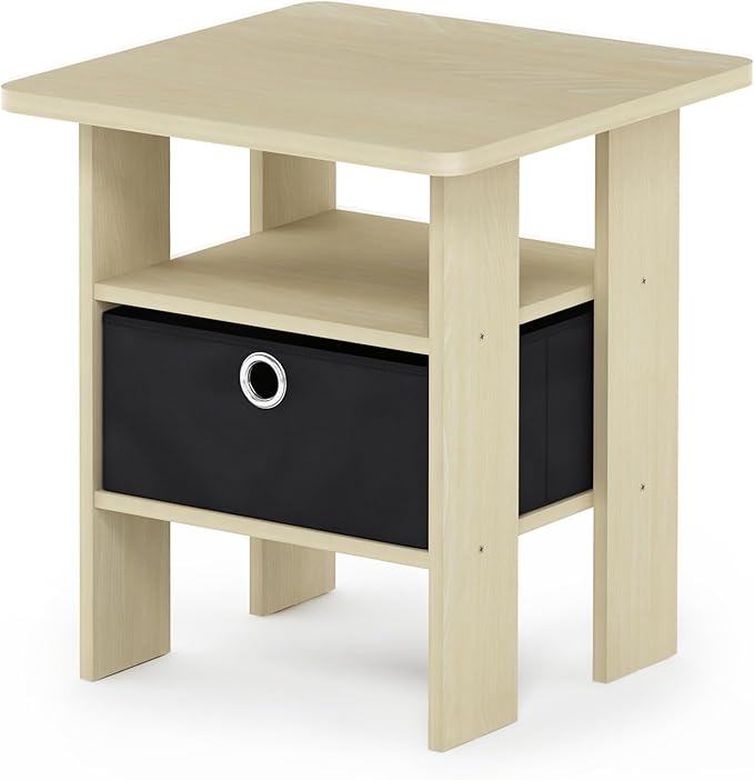 Furinno ANDREY Side Table, End Table, Night Stand with Open Shelves and Storage Bin, Bedside Table, for Living Room, Bedroom, Steam Beech