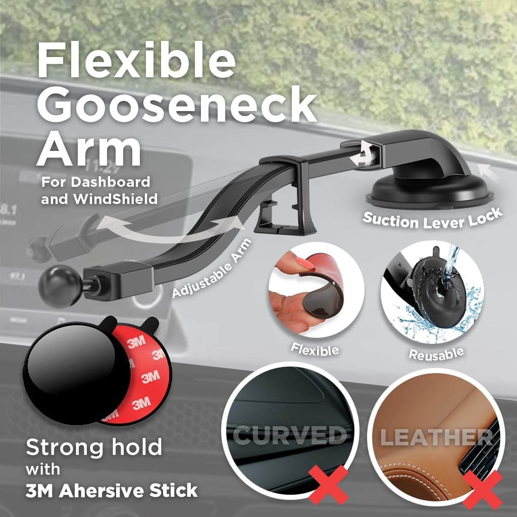 Phone Holder for Car Dash & Windshield, Flexible Gooseneck Phone Mount with Cradle Feet & Adjustable Holder Grips,