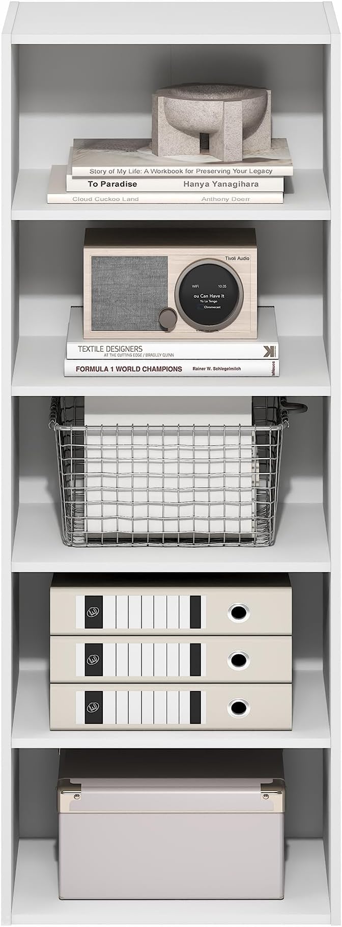 Furinno Basic Book Shelf, 5-Tier Bookshelf, Cube Storage Organizer Bookcase with Open Shelf, 11 x 17 x 44, for Living Room, Bedroom, Home Office, White