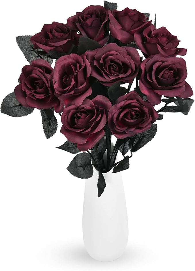Artflower 10 Pack Artificial Silk Roses Bouquet with Long Stem, 16'' Wine Red Rose Lifelike Fake Rose Flowers for Christmas Wedding Birthday Party Table Centerpieces Decor