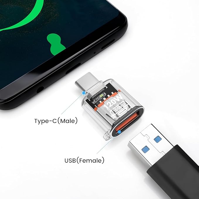 USB C Male to USB 3.2 Female Adapter, USB-C to USB-A Adapter [2-Pack] for 120W Charging,Data Transfer and OTG - Transparent